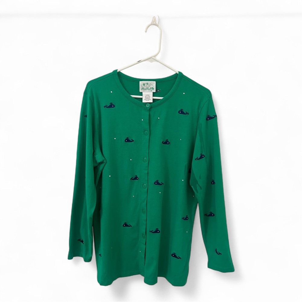 Quacker Factory Green Button Down Shirt with Rinestones Whale Print 100% Cotton